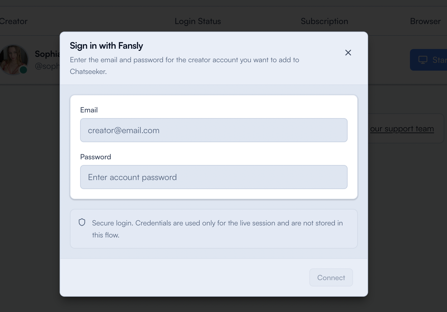 Chatseeker creator setup screen for adding a creator profile